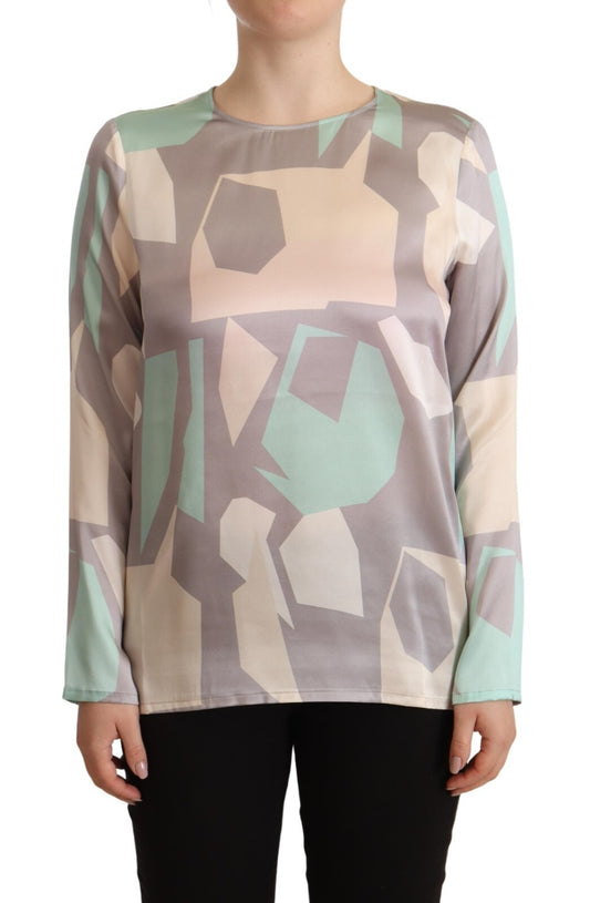 Multicolor Silk Long Sleeves Round Neck Top Blouse