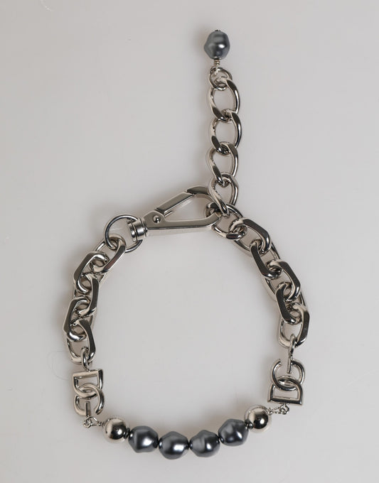Silver Tone Chain Lobster Clasp Logo Gray Pearls Bracelet