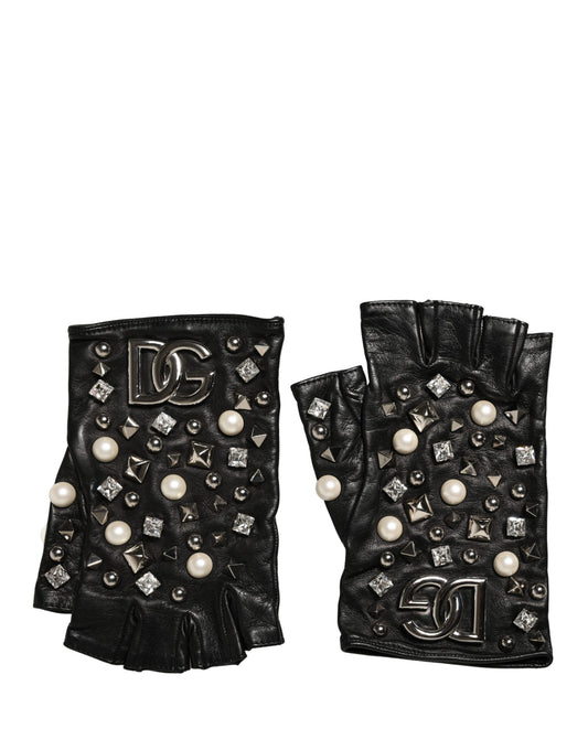 Black Pearl Embellished Wrist Length Gloves