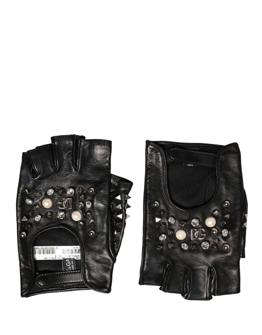 Black Embellished Wrist Length Mitten Women Gloves