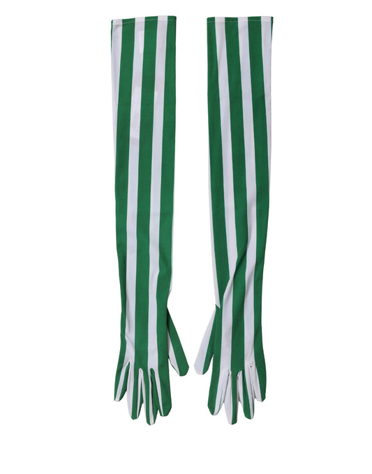 Green White Stripes Nylon Elbow Length Women Gloves