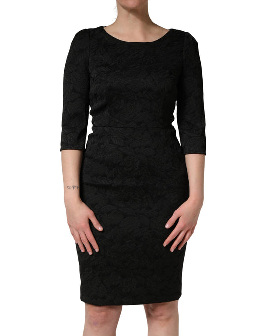Black Floral Brocade Sheath Knee Length Dress