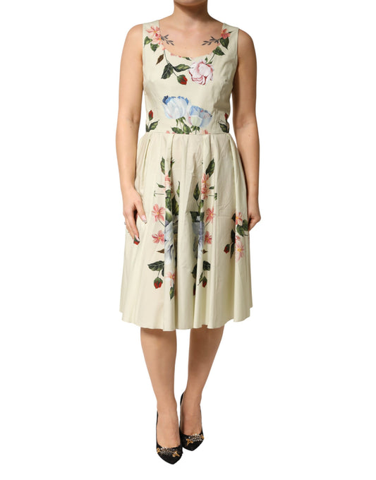 Beige Floral Sleeveless A-line Midi Dress
