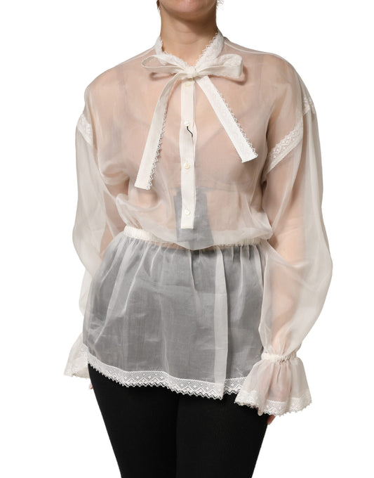 White Silk Cotton Ascot Collar Blouse Top