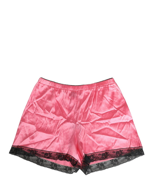 Pink Silk Satin Lace Trim Pajama Shorts Sleepwear