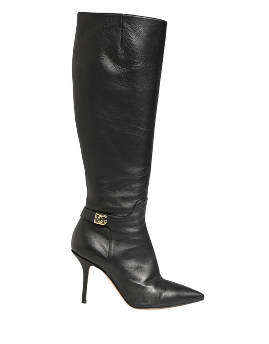 Black Leather Heels Knee High Boots Shoes