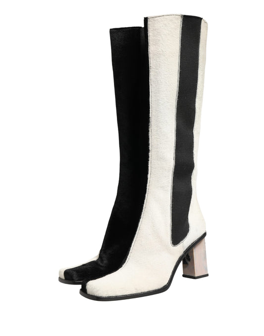 White Black Leather Knee High Boots Shoes