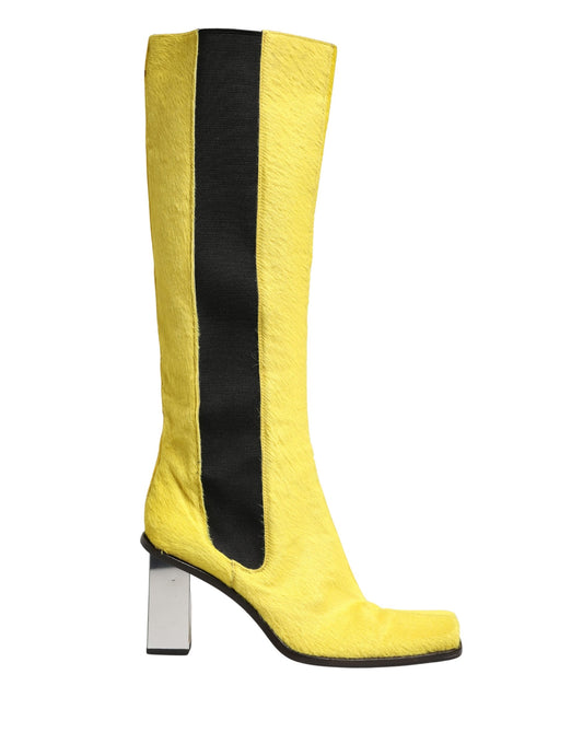 Yellow Black Leather Knee High Boots Shoes