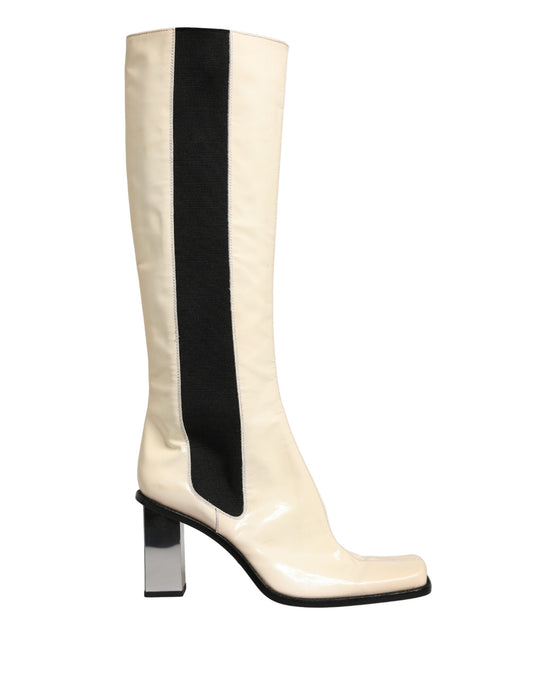 White Black Leather Knee High Boots Shoes