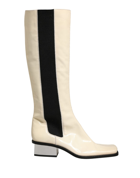 White Black Leather Knee High Boots Shoes