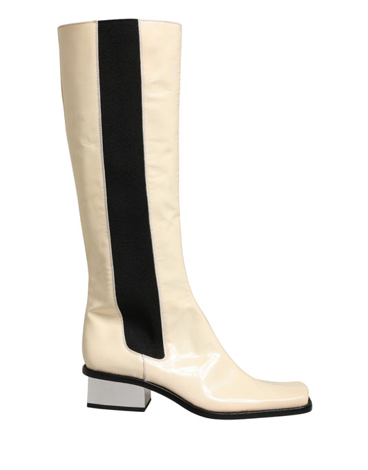 White Black Leather Knee High Boots Shoes