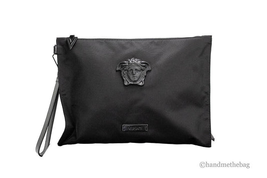Versace Large Black Nylon Fabric Medusa Convertible Pouch Clutch Wristlet Bag