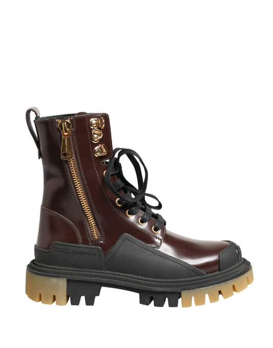 Maroon Leather Lace Up Biker Boots Shoes