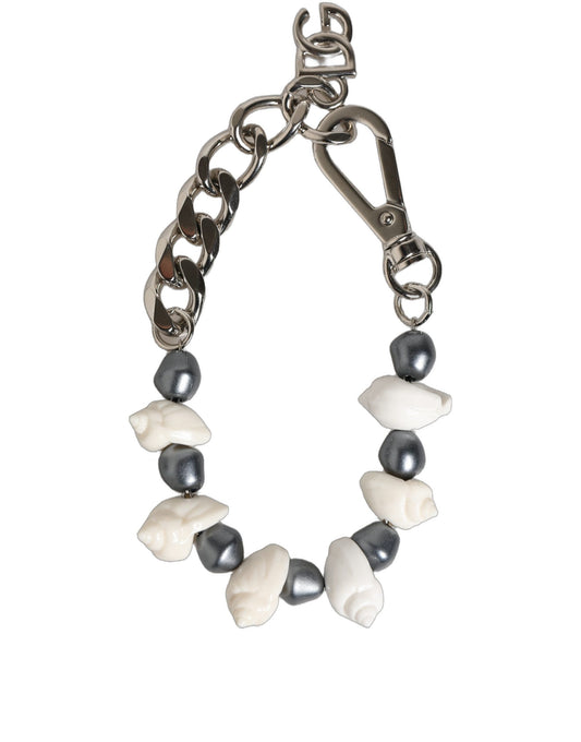Silver Tone Brass Beaded Shell DG Logo Pendant Bracelet