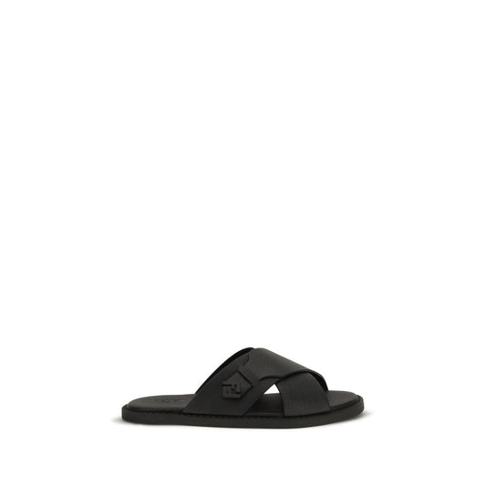 Black Calf Leather Bos Taurus Flat Sandals