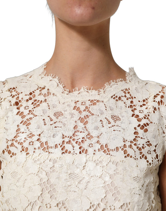 White Cotton Corded Lace Sleeveless Midi Dress