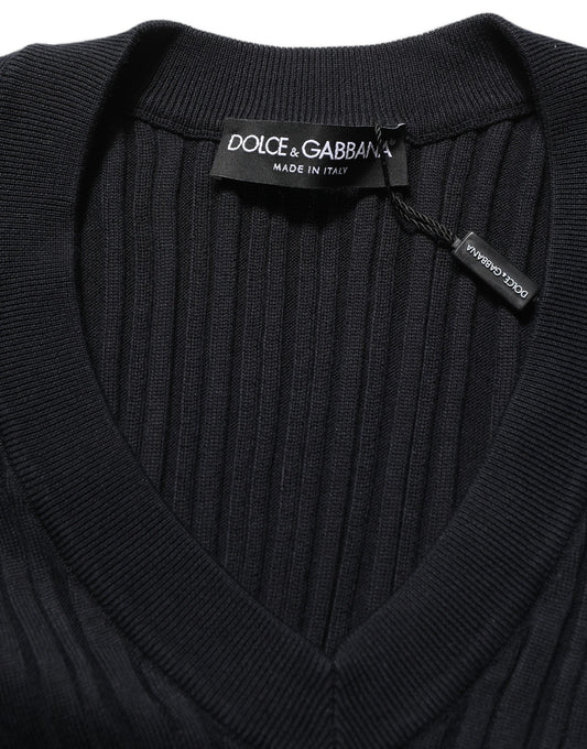 Black Silk Blend V-neck Pullover Men Sweater