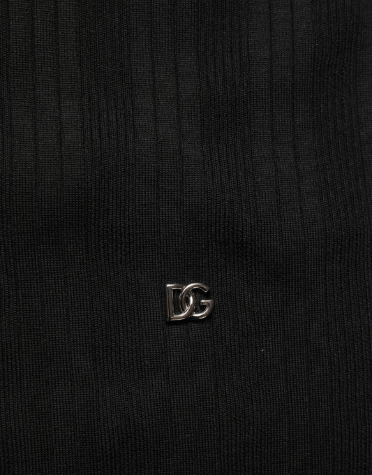 Black Silk Blend Henley Pullover Men Sweater