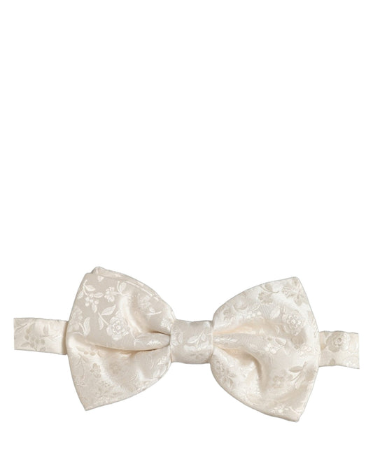 Men White Floral Silk Adjustable Neck Papillon Bow Tie