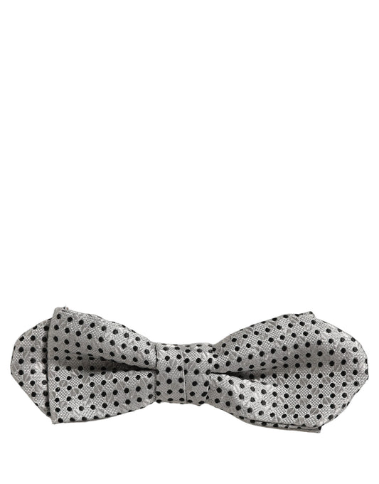 Men Silver Black Polka Dot Adjustable Neck Papillon Bow Tie