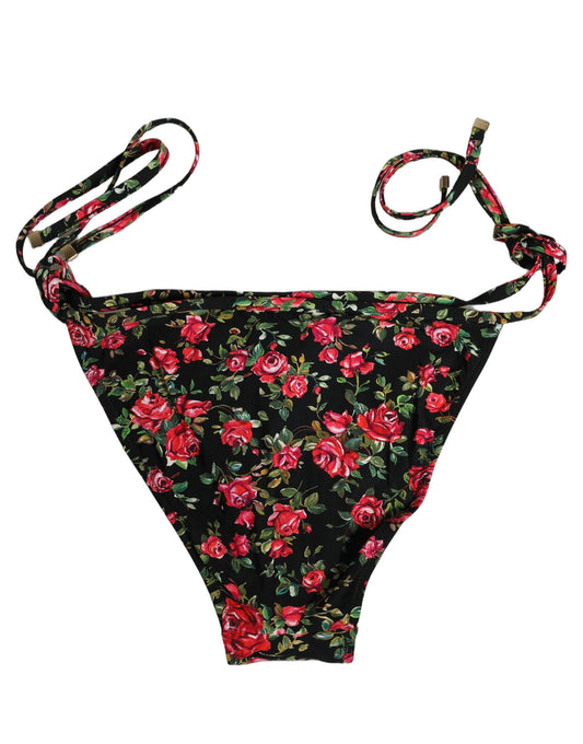 Black Floral Print Nylon Beachwear Bikini Bottom