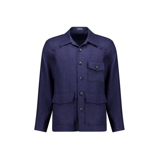 Navy Blue Linen Full-Length Jacket