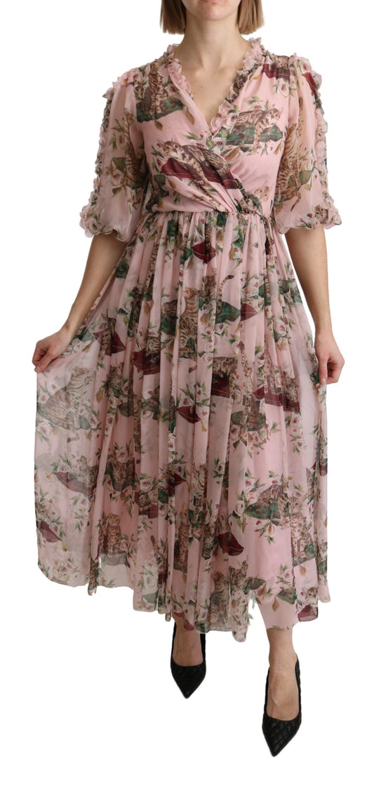 Pink Bengal Cat Print A-line Maxi Silk Dress