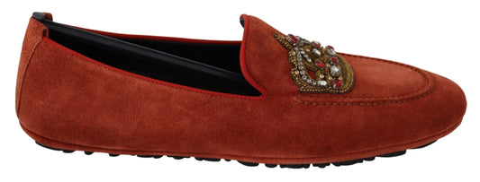 Orange Leather Crystal Crown Loafers Shoes