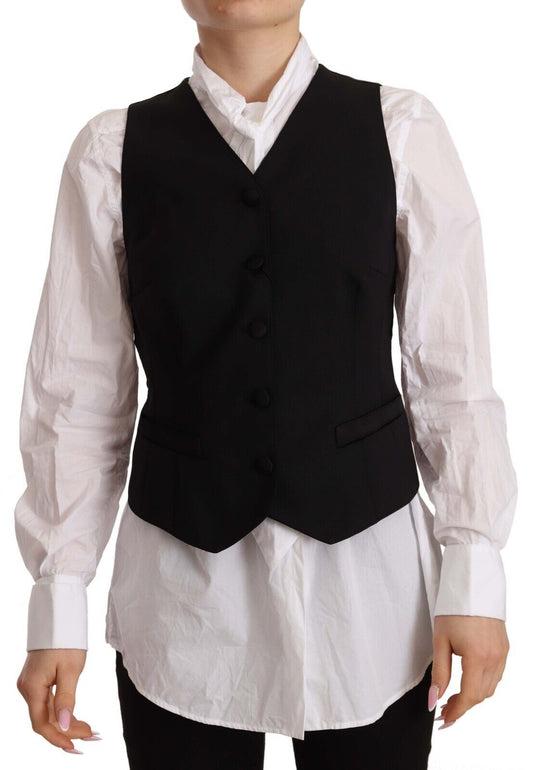 Black Button Down Sleeveless Vest Viscose Top