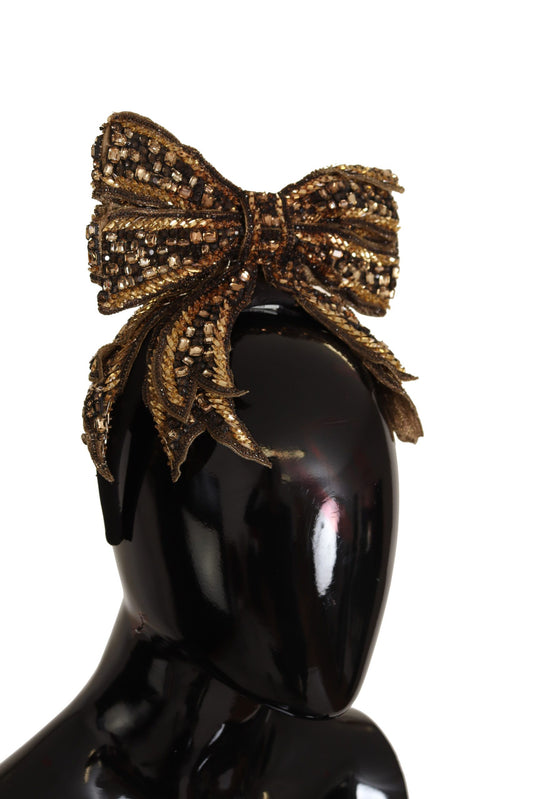 Gold Crystal Beaded Sequined Silk Bow Headband Diadem