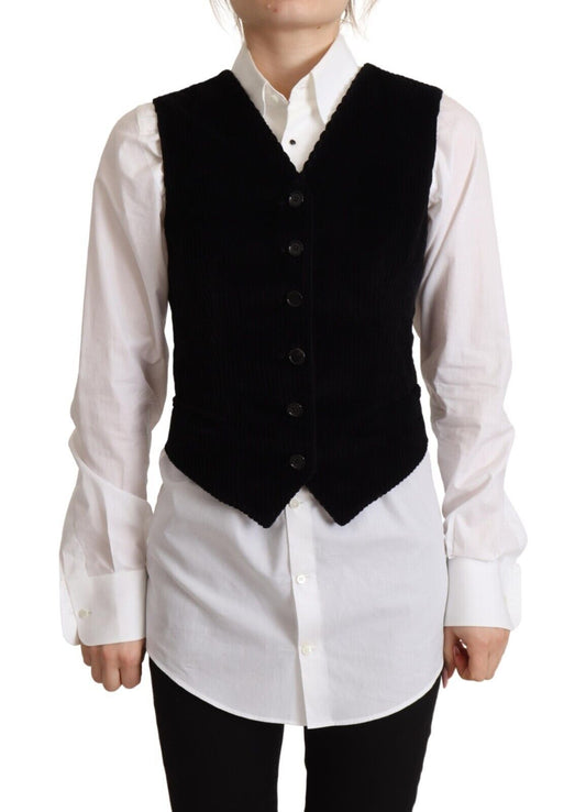 Black V-neck Leopard Corduroy Button Vest Top