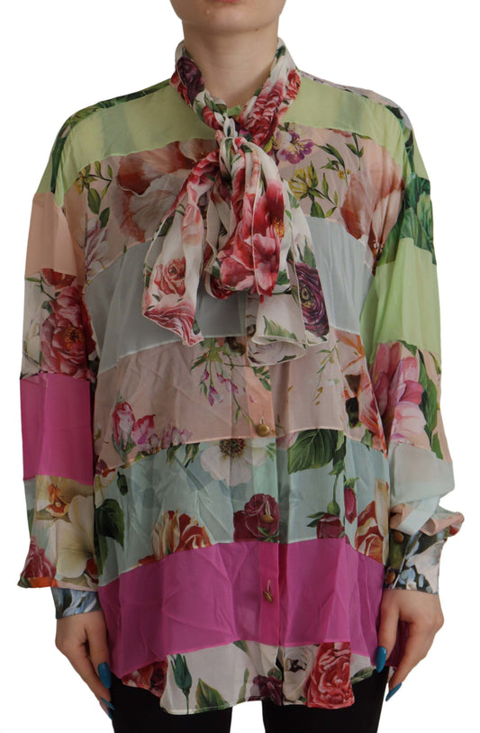 Multicolor Floral Patchwork Design Ascot Collar Top Blouse