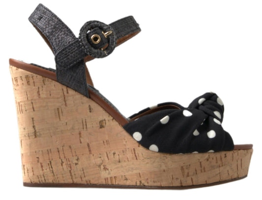 Black Wedges Polka Dotted Ankle Strap Shoes Sandals