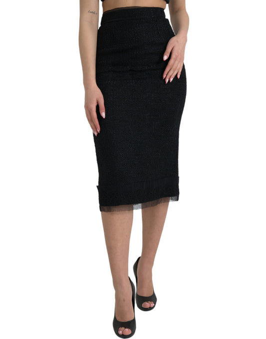 Black Wool High Waist Pencil Cut Midi Skirt