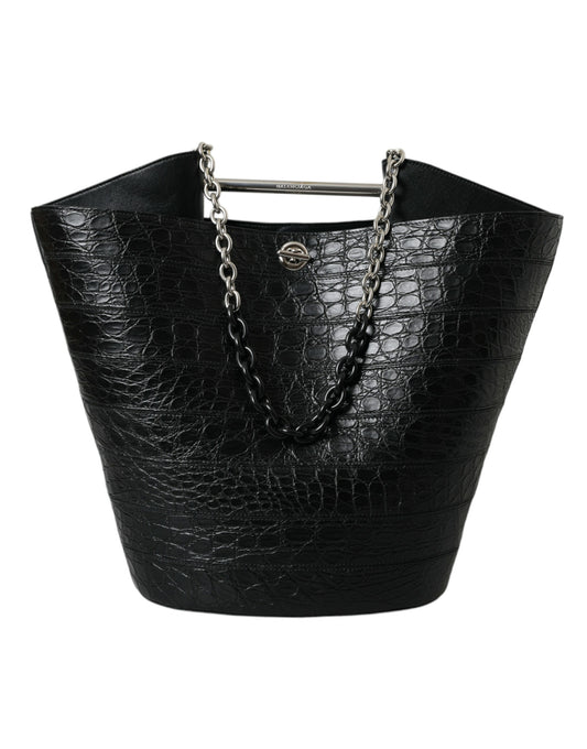 Black Exotic Skin Leather Maxi Bucket Tote Purse Bag