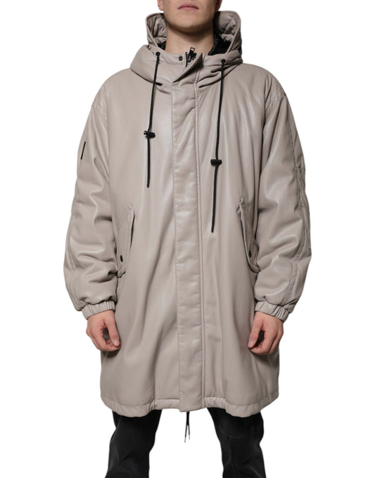 Beige Full Zip Hooded Long Sleeves Casual Coat Jacket