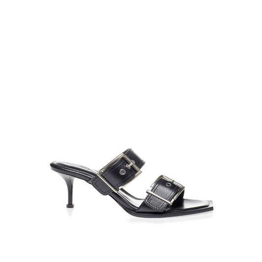 Black Leather Stiletto Heel Sandals