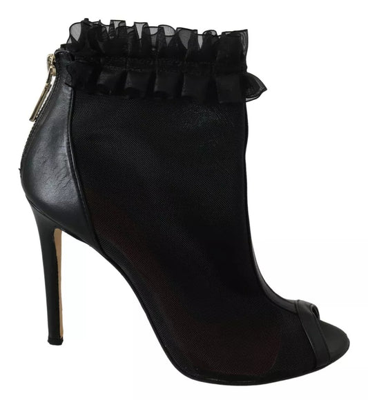 Black Leather Mesh Stiletto High Heels Peep Toe Boots Shoes