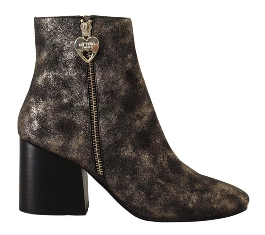Black Leather Block Heels Ankle Boots Zipper Shoes