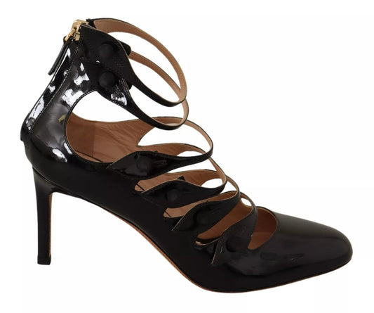Black Multi Strap Leather Mid Heels Pumps Shoes