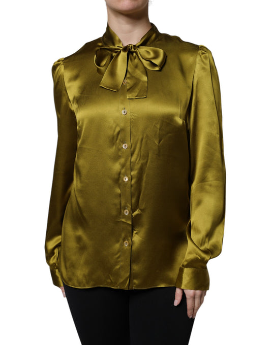 Olive Green Ascot Collar Long Sleeve Blouse Top