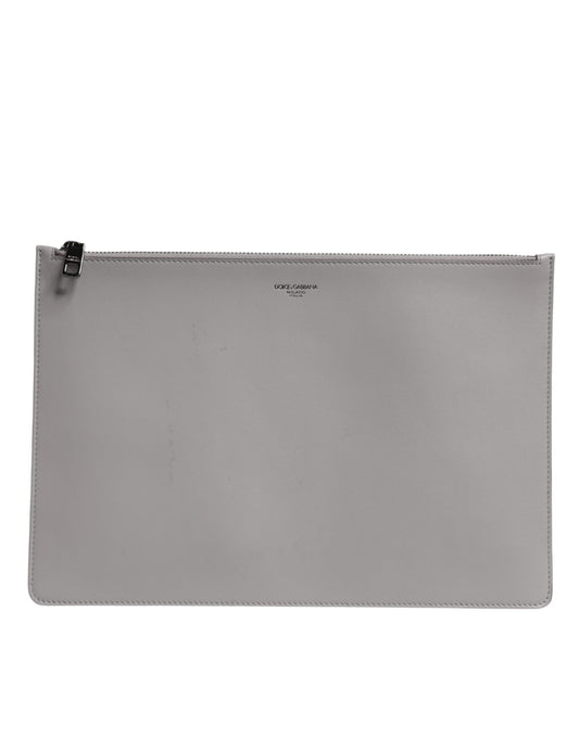 Gray Solid Leather DG Logo Men Clutch Zip Pouch Bag