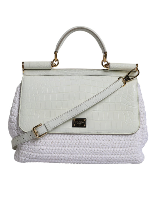 White Rafia Leather Top Handle Crossbody Bag