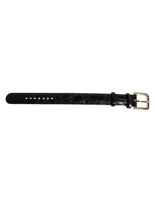 Black Exotic Leather Gold Tone Metal Buckle Armband