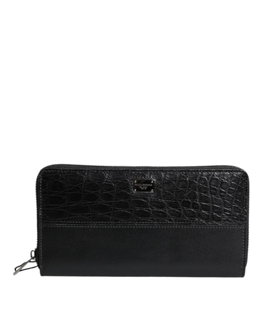 Black Leather Logo Plaque Zip Around Continental Wallet