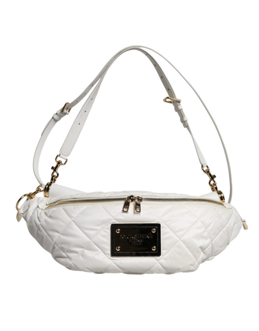 White Quilted Logo Plaque Belt Waist Fanny Pack Bag