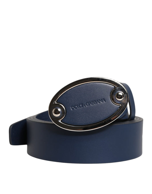 Blue Leather Classic Metal Logo Buckle Belt