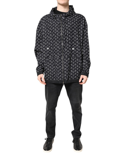 Black Heart Print Hooded Windbreaker Jacket