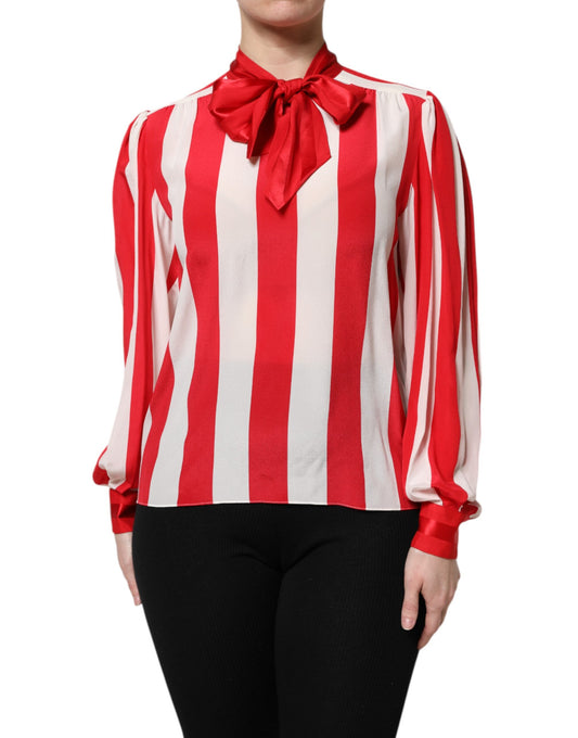 Red White Stripes Ascot Collar Blouse Top