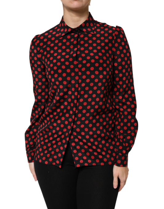 Black Red Polka Dot Silk Long Sleeves Top